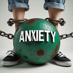 A person with light skin wearing rolled-up jeans and black sneakers, shackled by metal cuffs to a large, rusty iron ball. The iron ball have written the words ANXIETY