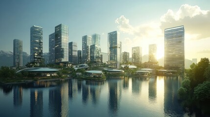 Fototapeta premium Modern Cityscape at Sunset: Architectural Marvel by the Lake