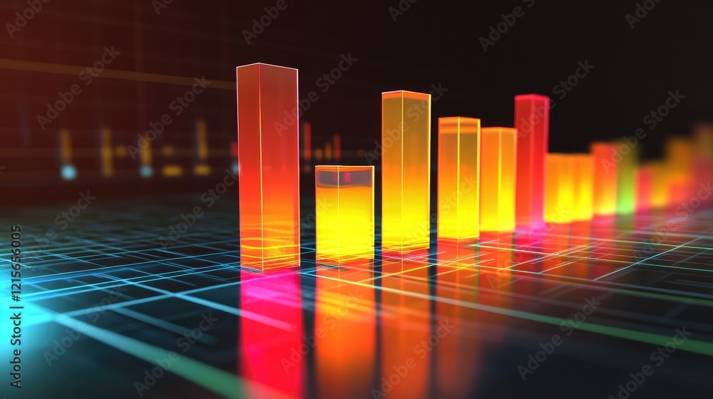 Poster a futuristic d bar chart with glowing, transparent bars representing financial data, rising from a d