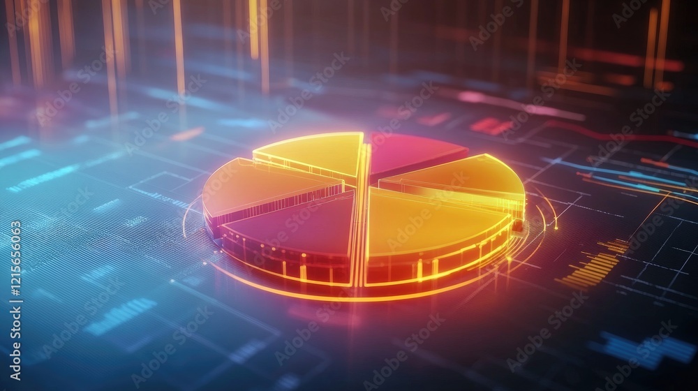 Poster a futuristic d pie chart with segmented pieces, each representing a different percentage of data, fl