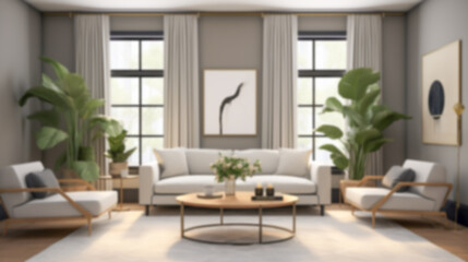 Fototapeta premium Blurred coastal office retreat with large windows offering a sea view, perfect for Zoom or Google Meet background featuring a modern workspace.