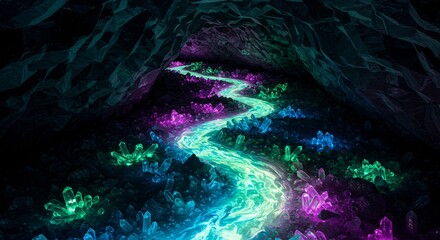 A surreal cave with a river of liquid light flowing through its crystal-covered floor