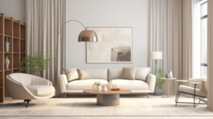 Blurred coastal office retreat with large windows offering a sea view, perfect for Zoom or Google Meet background featuring a modern workspace.

