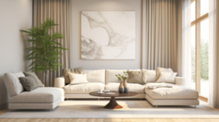 Blurred coastal office retreat with large windows offering a sea view, perfect for Zoom or Google Meet background featuring a modern workspace.

