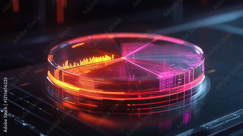 Poster a glowing d pie chart with transparent sections, hovering in a digital space, with each segment repr