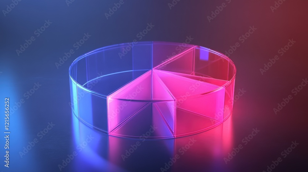 Poster a glowing d pie chart with transparent sections, hovering in a digital space, with each segment repr