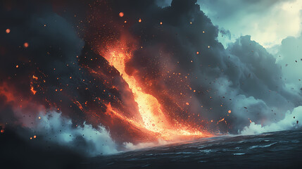 Photo of a lava flow entering the ocean, creating a dramatic steam explosion. volcanic eruption. Lava Flow. Illustration