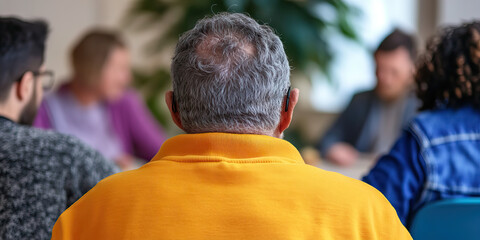 Rear View of Man in Yellow Shirt at Group Gathering