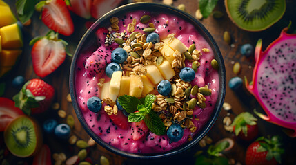 Fototapeta premium Fresh and Colorful Fruit Bowl with a Variety of Organic, Juicy, and Nutritious Superfoods, Perfect for a Healthy Diet and Wellness Lifestyle