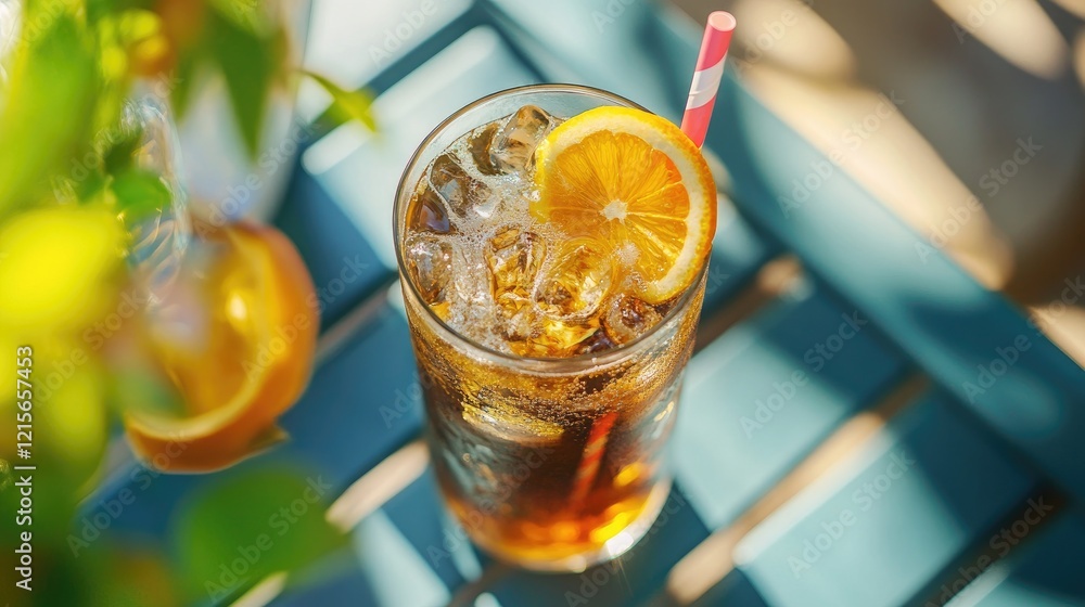 Poster a high-angle view of a refreshing sparkling soda served with a colorful garnish on a sunny patio tab