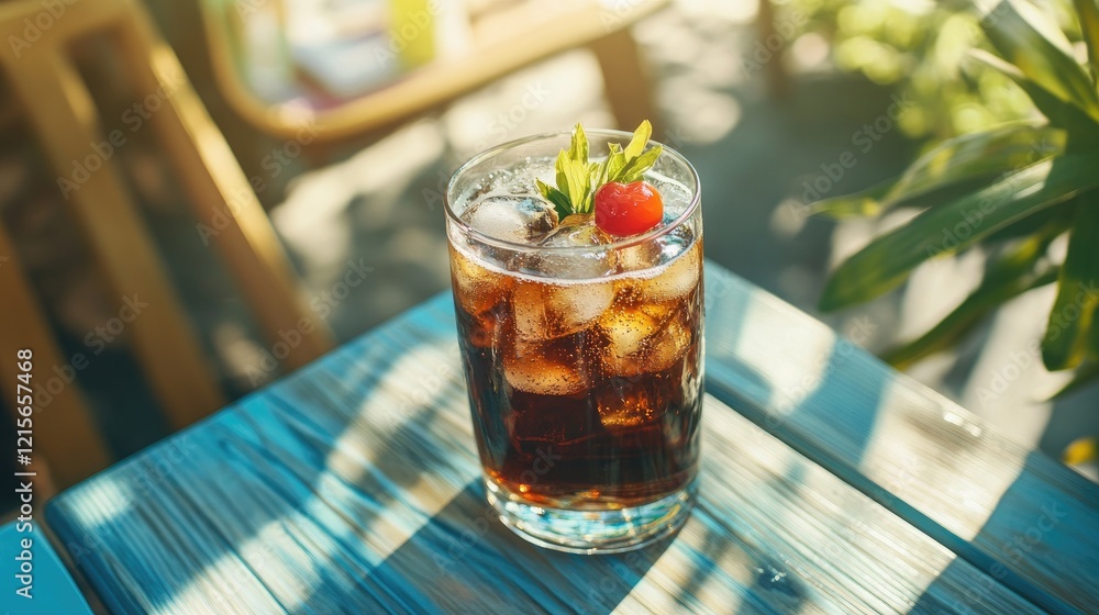 Poster a high-angle view of a refreshing sparkling soda served with a colorful garnish on a sunny patio tab