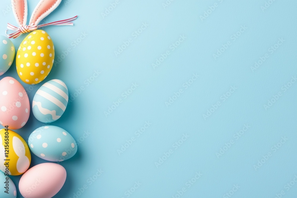 Poster blue background with a row of colorful eggs on it