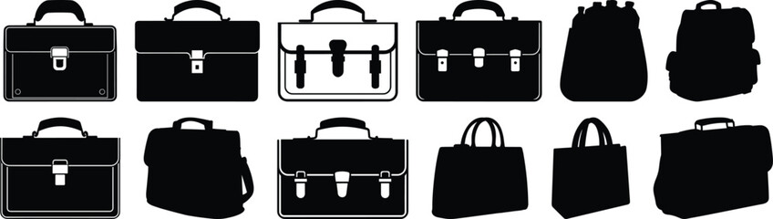 Bag silhouettes set, suitcase pack of vector silhouette design, isolated background