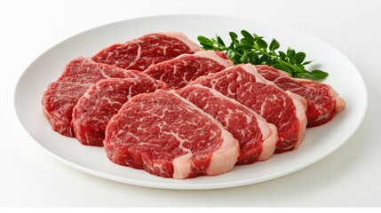 A high-definition image of a steak cut into slices, revealing its juicy interior, arranged neatly on a white plate with a clean, white background.