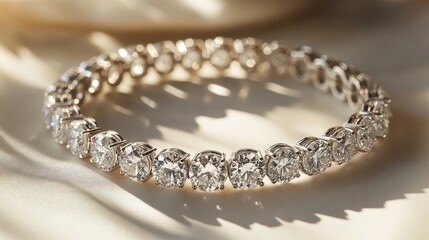 Fototapeta premium A high-resolution shot of a luxurious diamond bracelet arranged neatly on a white surface, showcasing the gleaming stones and polished metal.