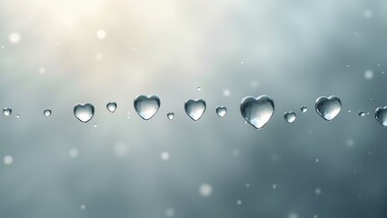 Heart-shaped water droplets on foggy glass, with subtle reflections and a serene, blurred gray background, evoking tender beauty and quiet emotion.