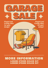 Retro Garage Sale Poster, Flyer, or Vertical Web Banner Featuring Hand-Drawn Vintage Furniture, a Clothing Rack, and a Bold Orange-Yellow Theme.