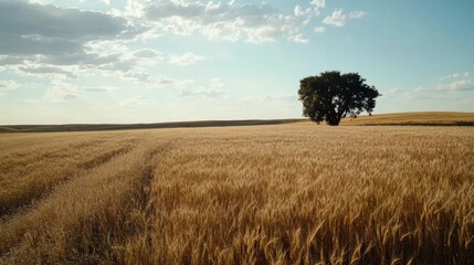 Obraz premium A vast, golden wheat field stretches to the horizon, with a single tree under a sunny sky, epitomizing rural beauty and agricultural abundance.