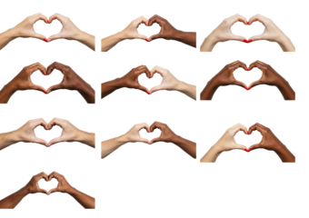 Mãos formando um coração, simbolizando amor e cuidado. Isolado em fundo de transparência, com close de dedos mostrando um gesto romântico. várias etnias - transparência