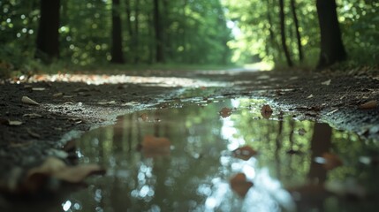 Fototapeta premium A hidden forest path lined with lush trees reflects in a serene puddle after rain, creating a dreamy, peaceful scene.