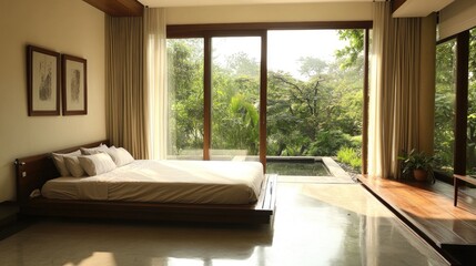 A modern, minimalist bedroom with a platform bed, sparse decor, and a large sliding glass door leading to a private outdoor space, emphasizing tranquility.