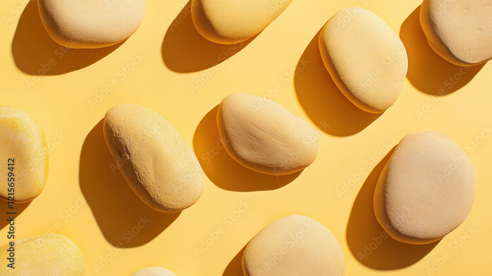 Poster Uneven yellow stones scattered on bright yellow background create vibrant and dynamic visual. smooth textures and varied shapes add depth and interest to composition