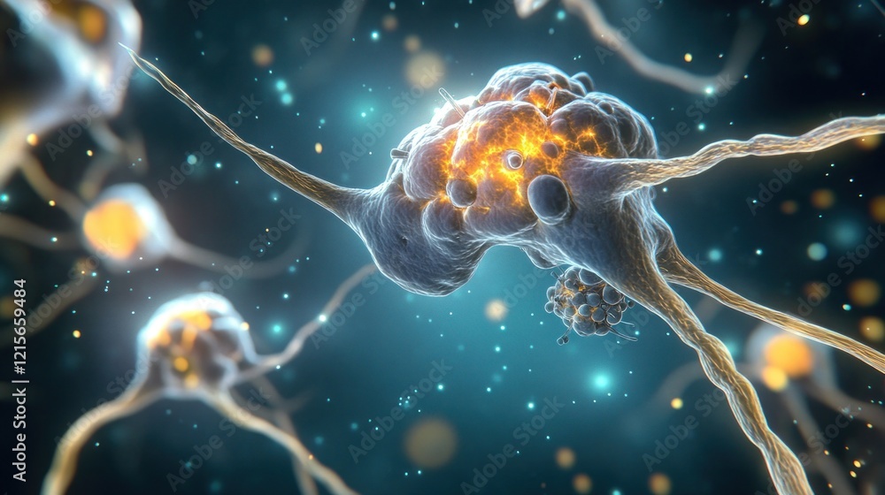 Poster microscopic view of neuron cell activity: a 3d render of a neuron's complex structure and energetic 
