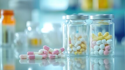 Pharmaceutical Medicine: Pills and Capsules in Glass Jars
