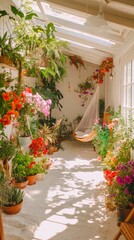 Fototapeta premium Sunlit Greenhouse Oasis: Serene Garden Path with Blooming Flowers and Hammock