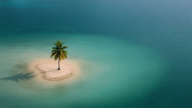 A solitary palm tree graces a tiny island, surrounded by vast blue waters, embodying solitude and tropical serenity.