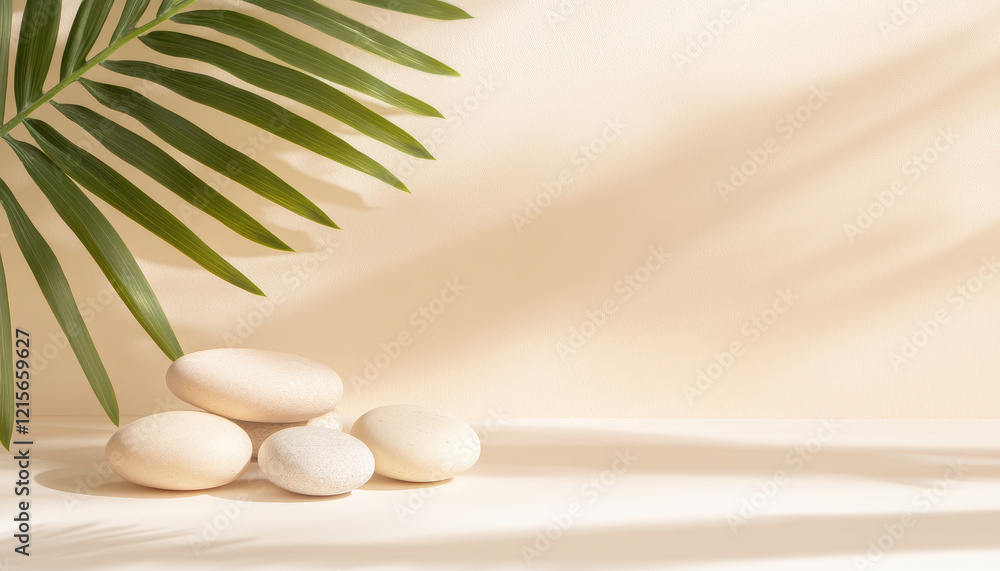 Poster group of light beige stones arranged on soft surface with green palm leaf in background, creating se