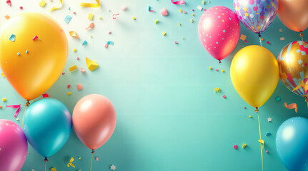 The image features a vibrant collection of colorful balloons set against a pastel blue background