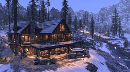 Obraz premium Mountain Retreat: Cozy Cabin with Inviting Design and Scenic Views, Featuring Fireplace, Hot Tub, and More - Ideal for Editorial and Commercial Use