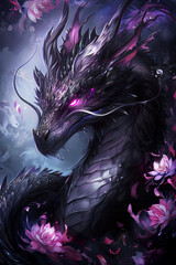 Drache umgeben von schimmernden Lotusblüten in einer geheimnisvollen Traumlandschaft. In einer mystischen Umgebung entfaltet sich die Kraft eines majestätischen dunklen Drachen. #0001