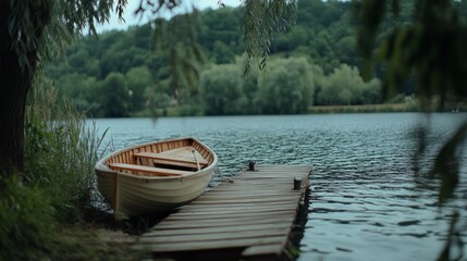 Fototapeta premium A lonely rowboat rests quietly beside a wooden pier on a tranquil lake, surrounded by trees.