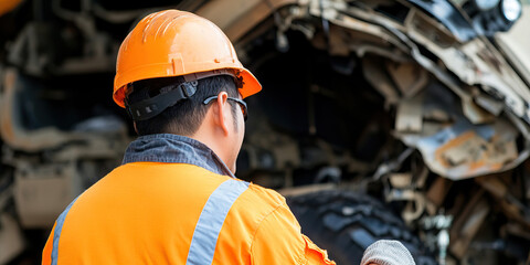 Construction Worker Inspecting Damaged Vehicle