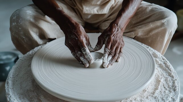 A skilled artisan's hands delicately mold clay on a pottery wheel, embodying precision and the beauty of handcrafted arts.