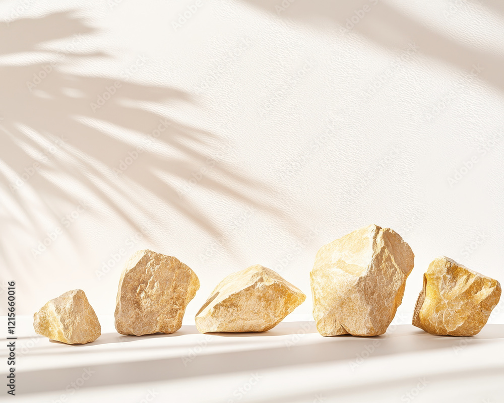 Poster minimalist presentation of flat golden rocks on light background, showcasing natural textures and sh