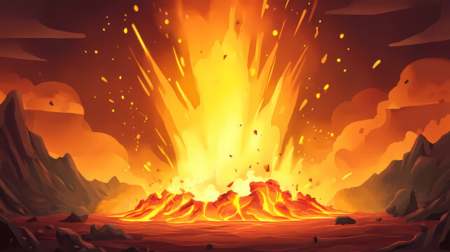 Intense fiery explosion with flames engulfing surroundings, pyroclastic flow, burning debris, lava flow. Lava Flow. Illustration