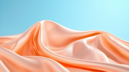Prom night style fashion concept. A smooth, flowing fabric drapes elegantly over a soft blue background, showcasing a gentle peach color with subtle sheen.