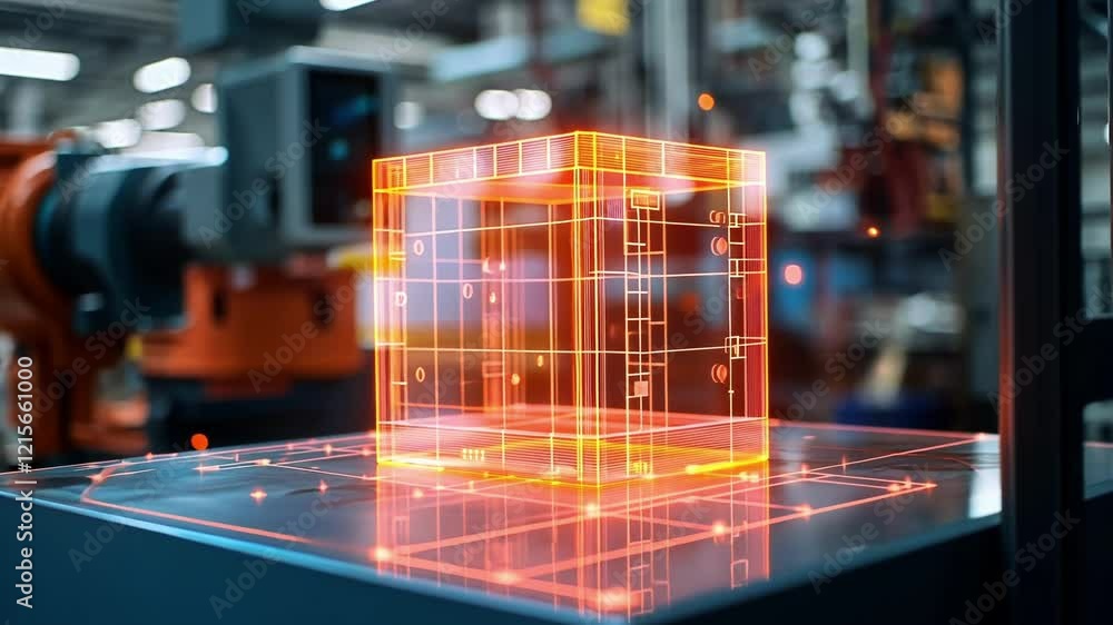 Poster glowing orange digital projection of a cube in a factory setting, showcasing the use of augmented re
