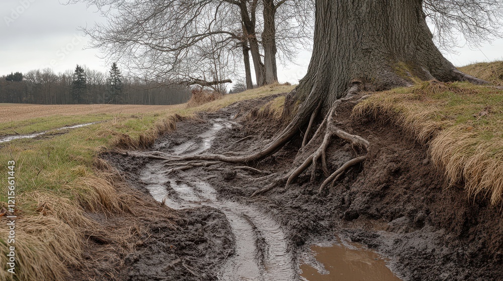 Aufkleber serene landscape of tree roots emerging from muddy ground with traces of water alongside a rustic pa