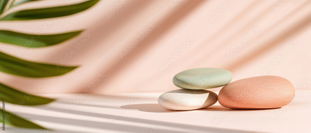 Aufkleber smooth stones arranged on soft surface with green leaves casting shadows, creating serene and calmin