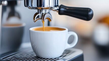 Espresso pouring from machine into white cup. (1)