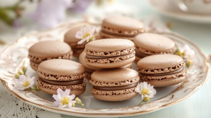 Fototapeta premium Mocha-toned macarons elegantly arranged on a pastel plate are further adorned with delicate edible flowers, creating an inviting dessert display