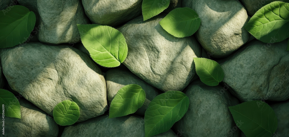 Poster artistic green textured rocks with dynamic leaves create serene natural scene. interplay of light an