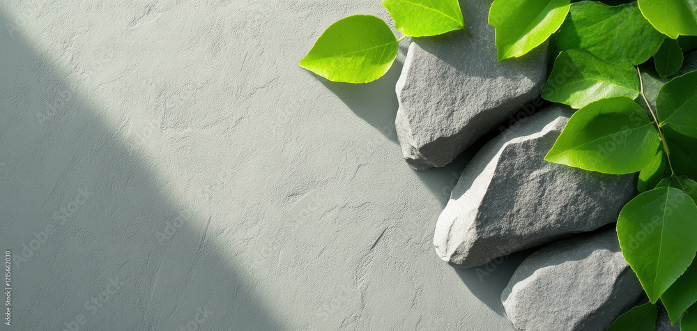 Poster artistic green textured rocks with dynamic leaves creating serene atmosphere. combination of natural