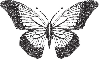 Butterfly vintage y2k stipple art, insect halftone stipple brutalist retro vector png with transparent background, dark 2000s aesthetic photocopy effect tattoo