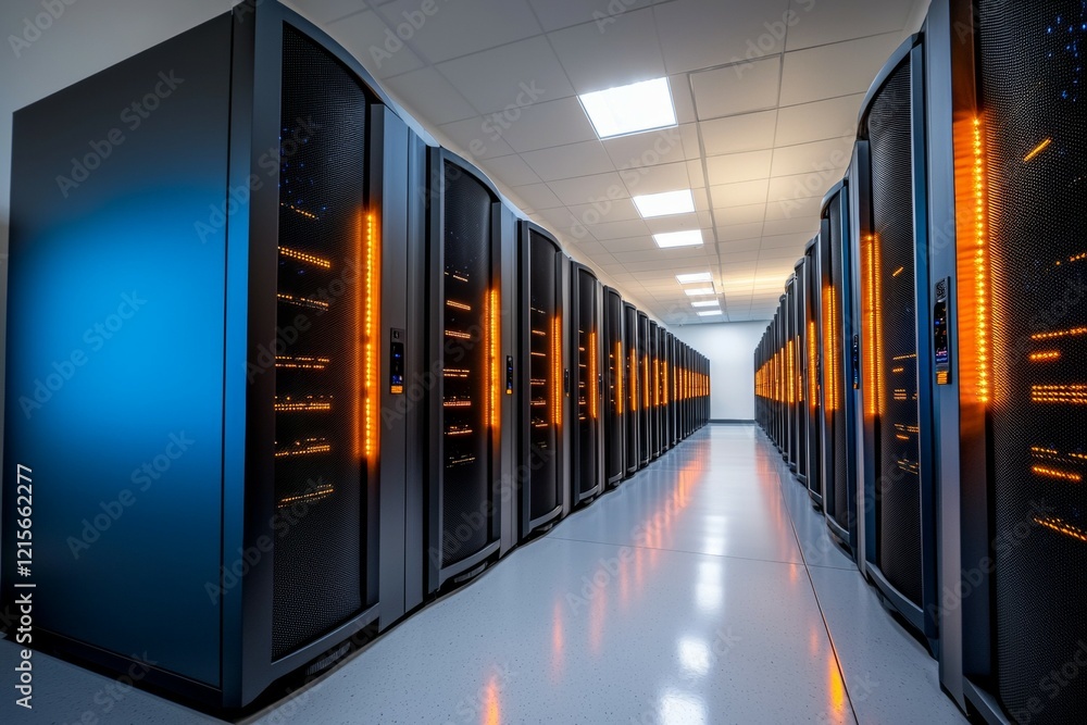 Aufkleber modern data center with illuminated server racks in a symmetrical hallway