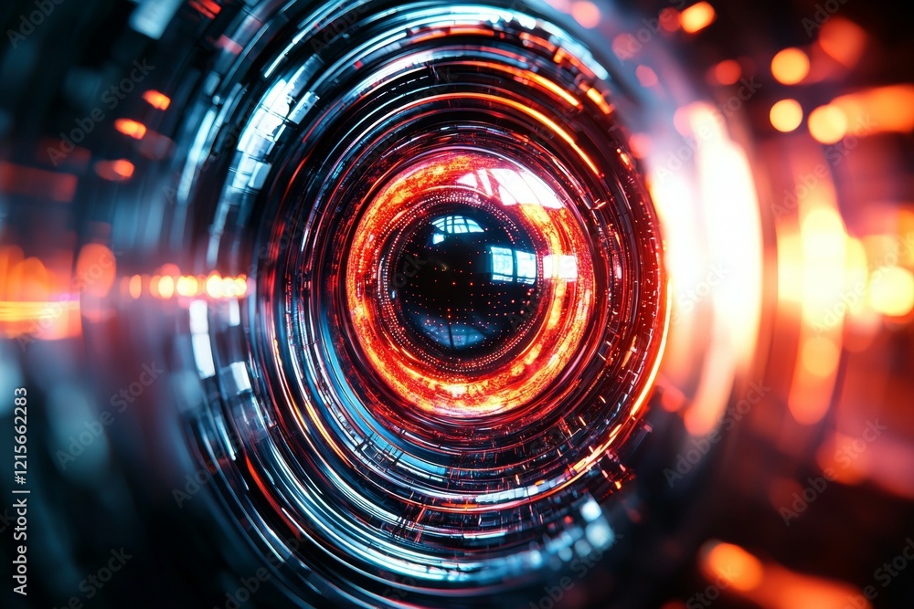 Poster futuristic red and blue sci-fi tunnel with abstract light patterns